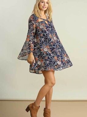 UMGEE Boho Navy Floral Tunic Dress Bell Sleeves Keyhole Back Size M